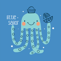 cute mariner octopus drawing as vector for kids fashion