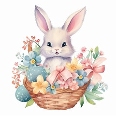 Easter Bunny in basket with decorated eggs and flowers., isolated on white background. Cute watercolor illustration