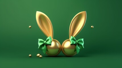 Whimsical golden and green bunny rabbit ears on vibrant background - 3d render for happy easter celebrations, big hunt, or sale banner design
