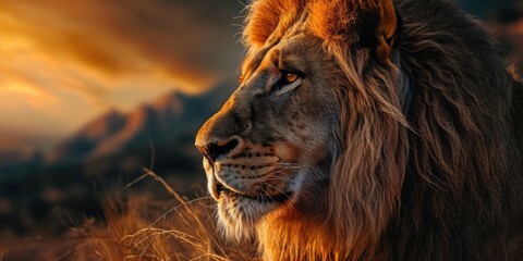 a lion with a sunset background, in the style of photorealistic detail, rim light, iconic