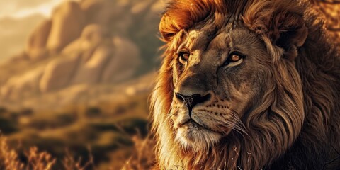 Portrait of a strong male lion with the African savanna