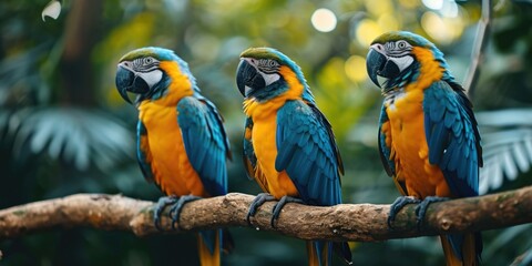 Obraz premium three bright colors parrot sitting on branch in green forest, in the style of exotic, dark azure and yellow