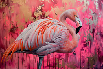 Flamingo. Oil paint on canvas. Interior painting. Beautiful background. Generative AI.