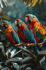 three parrots stand on a branch in the tropical jungle, in the style of gold and azure