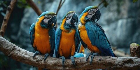 three blue and yellow macaw perched on a tree branch with blurred green background - Powered by Adobe