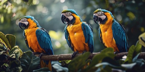 three parrots stand on a branch in the tropical jungle, in the style of gold and azure