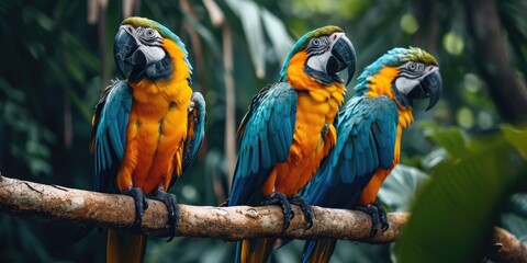 Three, Blue and Yellow Macaw, Ara ararauna, perched on tree stumps