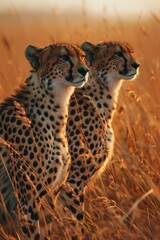 two cheetahs walking in the field at sunset, in the style of romantic landscapes