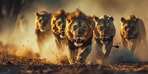 a group of lions running on the ground in the dust