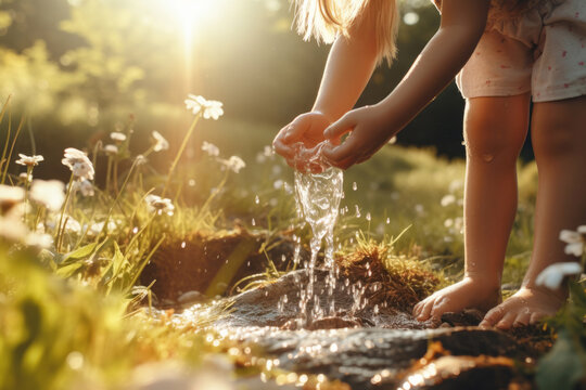 Cute little girl washing hands in the garden