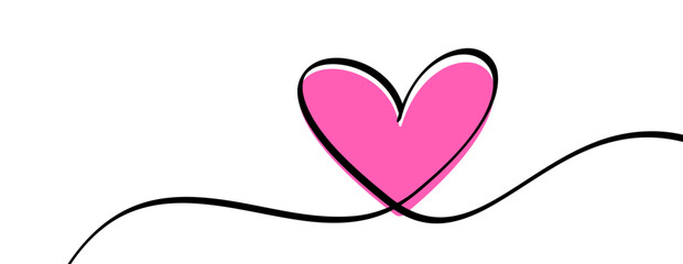 Pink heart continuous wavy line art drawing on white background.