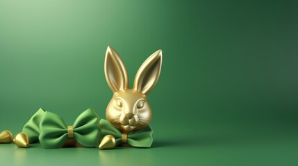 Fototapeta na wymiar Whimsical golden and green bunny rabbit ears on vibrant background - 3d render for happy easter celebrations, big hunt, or sale banner design