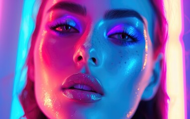 Fashion studio close up shot of a young model woman, bright neon colors background