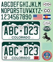 Colorado state car license plate green style, letters, numbers and symbols, vector illustration, USA, United States of America - obrazy, fototapety, plakaty