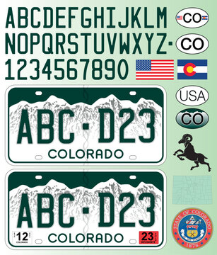 Colorado state car license plate green style, letters, numbers and symbols, vector illustration, USA, United States of America