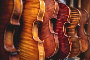 Row of violins arranged neatly on a stand in a room.