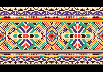 Embroidery Cross Stitch. Ethnic Patterns. Pixel Horizontal Seamless. Geometric Ethnic Indian pattern. Native Ethnic pattern. Cross Stitch Border. Texture Textile Fabric Clothing Knitwear print. - obrazy, fototapety, plakaty