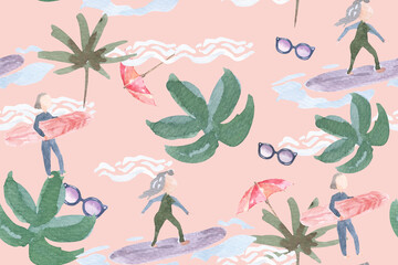 Seamless pattern tropical Hawaii Surf Beach.Adventure activity background design beach for summer.Suitable for designing fabric and wallpaper patterns.Seamless pattern for sea summer
