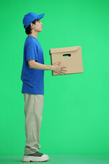 The delivery guy, on a green background, in full height, gives a box