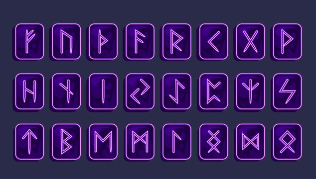 neon alphabet runes set. Scandinavian runes carved on stones. Stones. Magic, runic magic, fortune telling. Fehu, Uruz, Thurisaz, Ansuz, Raido, Kano, Gebo, Wunjo, Hagalaz, Nauthis, Isa, Jer, Eihwas