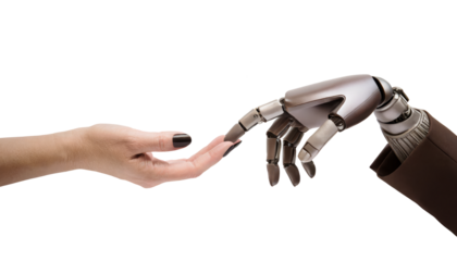 Handshake between female human hand and a android hand