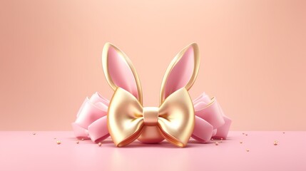 Vibrant golden and pink easter bunny rabbit ears on soft pink background - 3d render for happy easter celebration, hunt, or sale banner design
