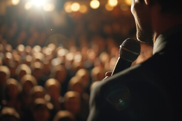 Close-up of a man holding a microphone and speaking on stage in front of people listening, public speaking - obrazy, fototapety, plakaty