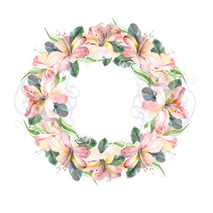 ornamental decorative element with watercolor flowers wreath in circle, wedding card