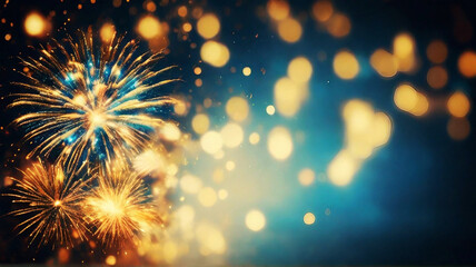 Vintage gold and blue Fireworks and bokeh in New Year eve and copy space. Abstract background holiday.