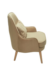 modern beige fabric armchair with wooden legs isolated on white background, side view