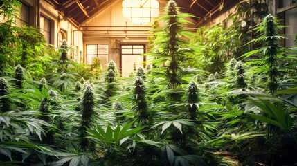 Cannabis bushes in greenhouse with special light, medical cannabis. A stock photo illustrating controlled growth for the production of medicinal marijuana. - obrazy, fototapety, plakaty