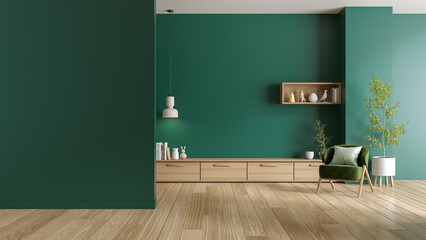 Dark green wall  mock up ,modern mid century green living room ,armchair with wood cabinet ,TV wall mounted,3d render