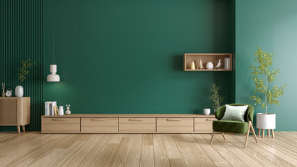 modern mid century green living room ,armchair with wood cabinet and dark green wall ,Mockup a TV wall mounted,3d render - obrazy, fototapety, plakaty