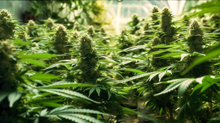 Cannabis bushes in greenhouse with special light, medical cannabis. A stock photo illustrating controlled growth for the production of medicinal marijuana.