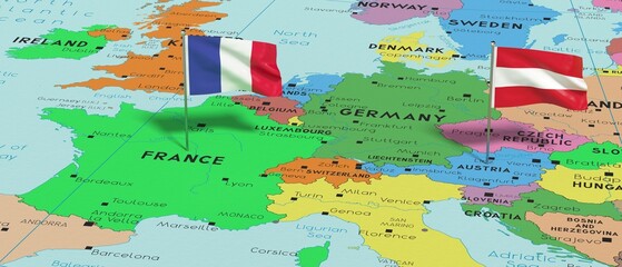 France and Austria - pin flags on political map - 3D illustration