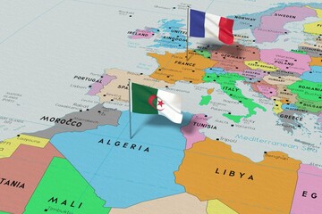 France and Algeria - pin flags on political map - 3D illustration