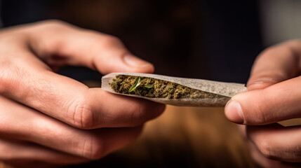 Fototapeta premium Man holding a joint of grass, symbolizing medical cannabis. A stock photo depicting the therapeutic use and personal connection to medicinal marijuana