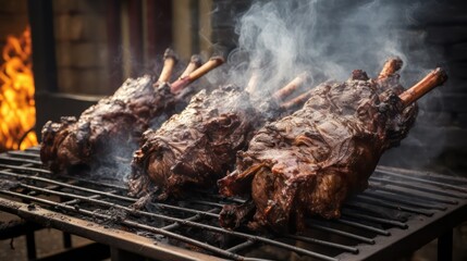 Roasted lamb chops on a barbecue grill, close-up of meat
