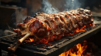 roasted lamb ribs on the grill with flames and smoke close-up