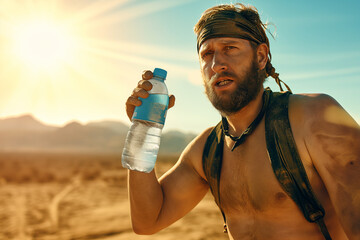 Thirsty man holding a bottle of water in the middle of the desert - obrazy, fototapety, plakaty