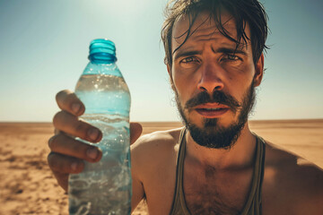 Thirsty man holding a bottle of water in the middle of the desert - obrazy, fototapety, plakaty