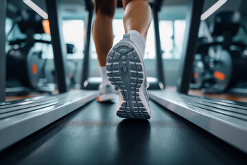 Close-up of legs of a runner running on a treadmill in a fitness club