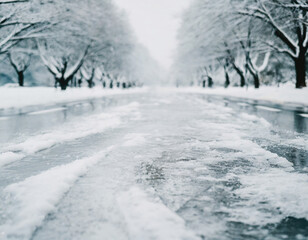 Black ice on a car road, ice and snow on a street, winter season