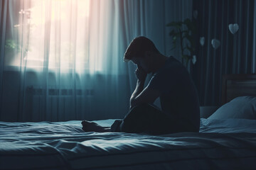 Silhouette of a depressed man sitting sadly on the bed in the bedroom