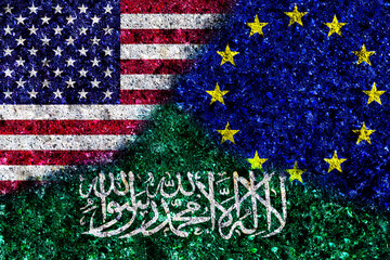 USA, European Union and Saudi Arabia flag together on a textured wall. Relations between Saudi Arabia, EU and United States of America