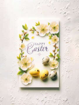 Easter card with easter eggs, spring flowers and greeting text.