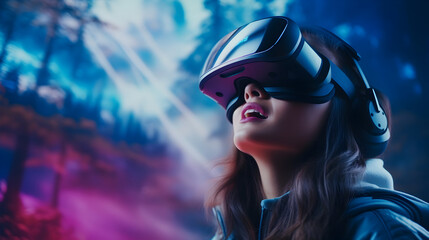 Naklejka premium Amazed young woman wearing a VR headset explores the metaverse's virtual space. Gaming and futuristic entertainment concept