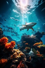 beautiful coral reef on a seabed with sharks and fish of different species
