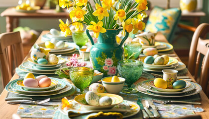 Spring Easter Table Decor with Daffodils and Easter eggs - obrazy, fototapety, plakaty