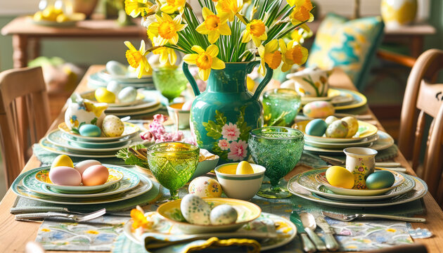 Spring Easter Table Decor with Daffodils and Easter eggs